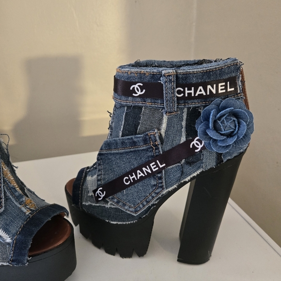 unbranded Shoes - Upcycled Denim Camellia Platform Ankle Boots - Blue